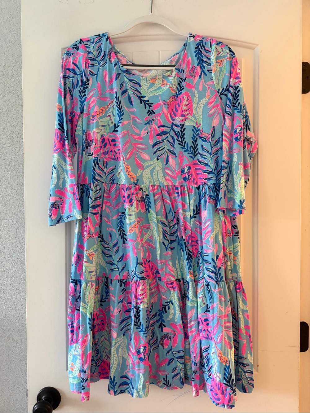 Lilly Pulitzer Blue Tropical Leaf Print Tiered Dress